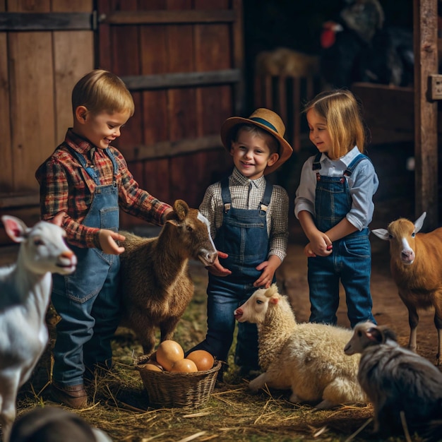 Kid s day at the farm Children s book illustration featuring happy kids having fun among farm anima