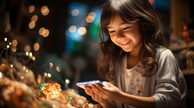 A kid setting in her room having fun playing a game on her smartphone AI Generated