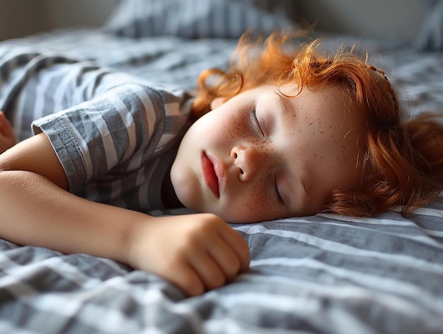 Photo kid sleeps in the bed in the room