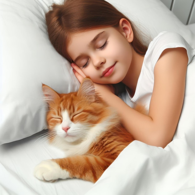 A kid sleeps in bed with a cat Isolated on white background