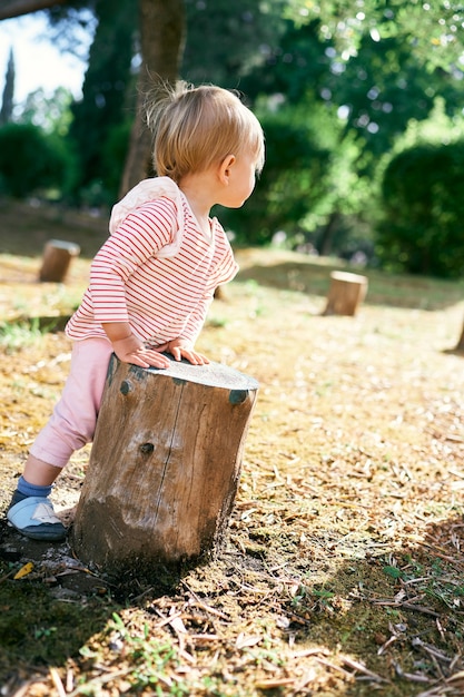 Kid stands in the yard resting his hands on a tree stump back view