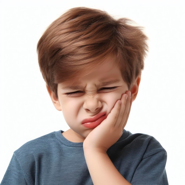 kid suffering from toothache holding his chin with his hand on white background ai generative