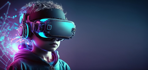 Kid using virtual reality glasses to play video games in the Metaverse