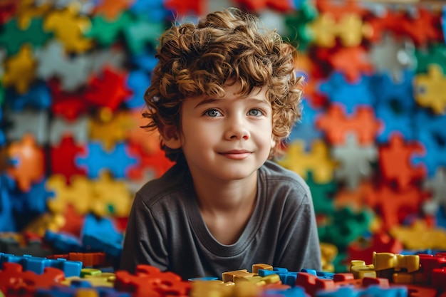 Kid with autism with puzzle pieces Child mental health Autism spectrum disorder concept ASD