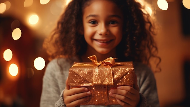 Kid with gift box in christmas background lights