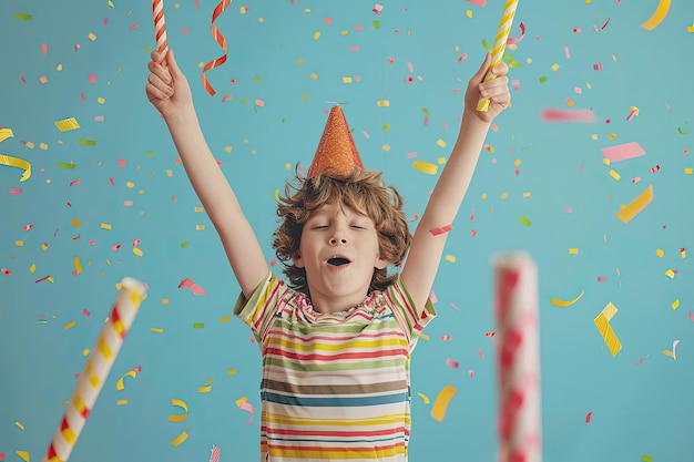 Kid with raised arms and party blower