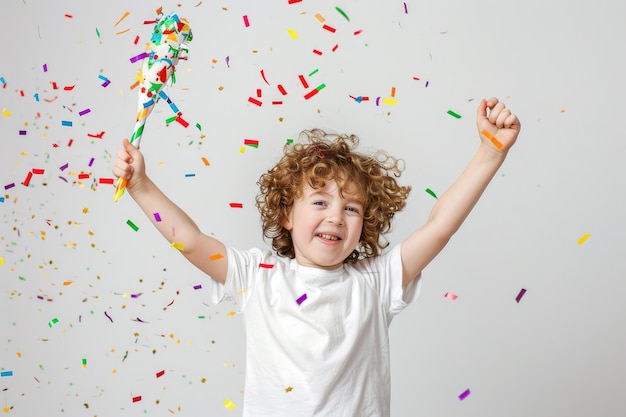 Kid with raised arms and party blower