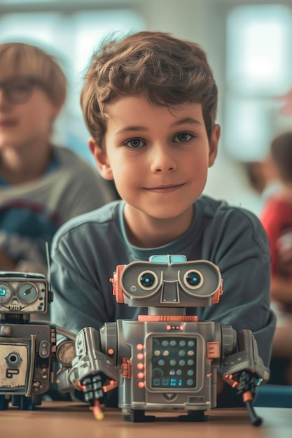 Kid with toy robot in school