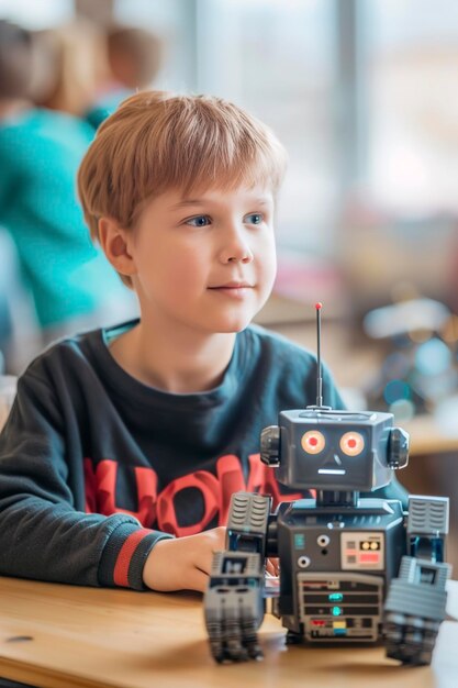 Kid with toy robot in school