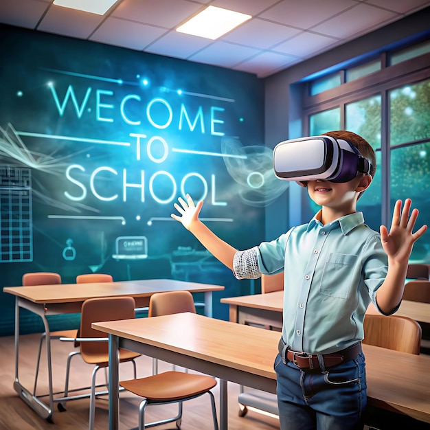 Photo kid with vr glasses in abstract futuristic school or class room back to school welcome to school