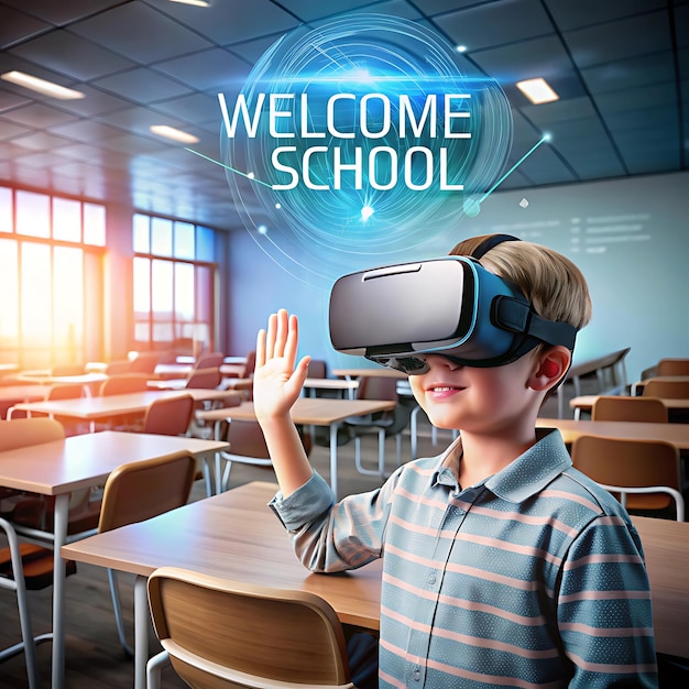 Photo kid with vr glasses in abstract futuristic school or class room back to school welcome to school