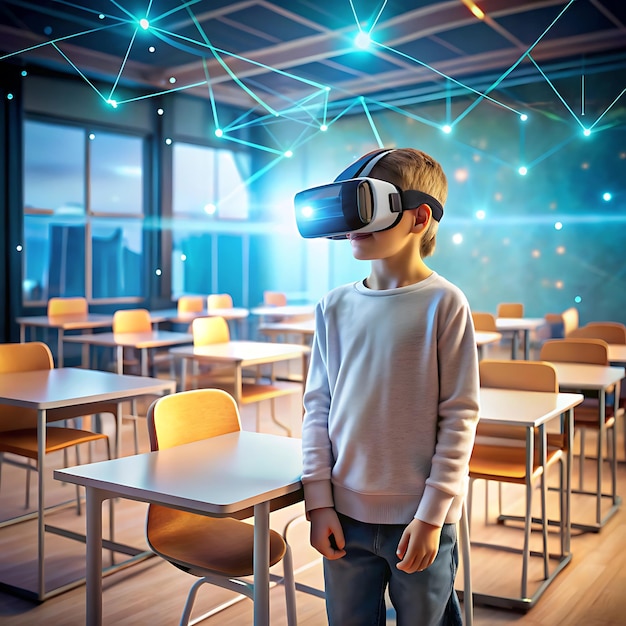 Photo kid with vr glasses in abstract futuristic school or class room back to school welcome to school