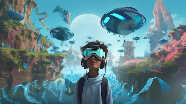 A Kid with VR glasses in some fantastic imaginative gaming world Ai generated