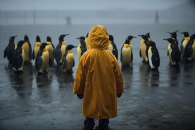 Kid in yellow rain coat standing between penguins Generative ai