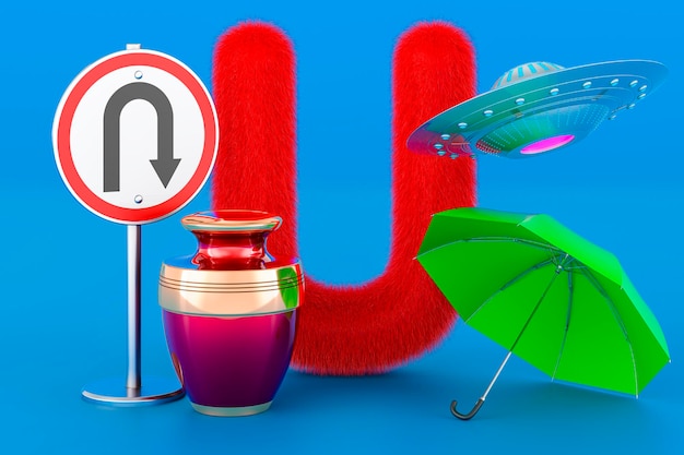 Kids ABC fluffy letter U with umbrella UFO U turn sign urn 3D rendering