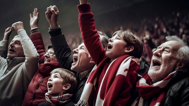 Kids Adults and Elderly Celebrating Goal with Raised Arms at Soccer Stadium