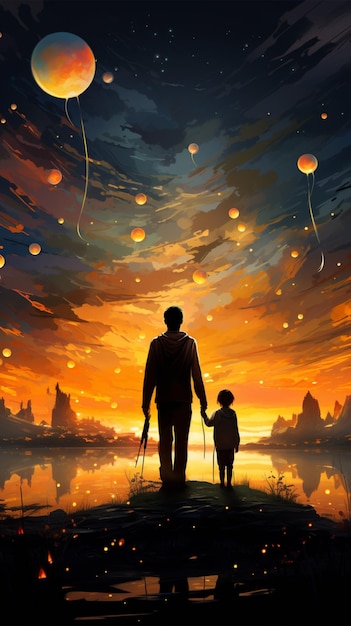 Kids artwork adorns evening sky with rainbow hues creating captivating silhouette Vertical Mobile W