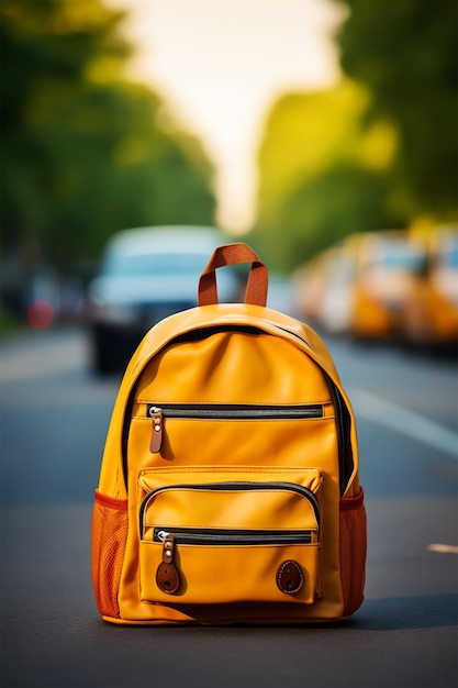 kids backpack on wooden table