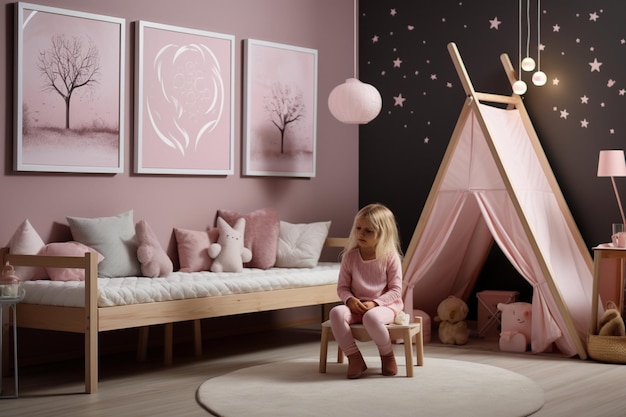 Kids in the bedroom in pink theme scene