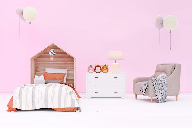 Kids bedroom with stuffed toy animals 3d rendered illustration