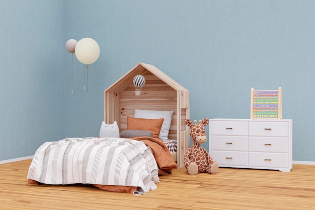 Kids bedroom with stuffed toy animals 3d rendered illustration