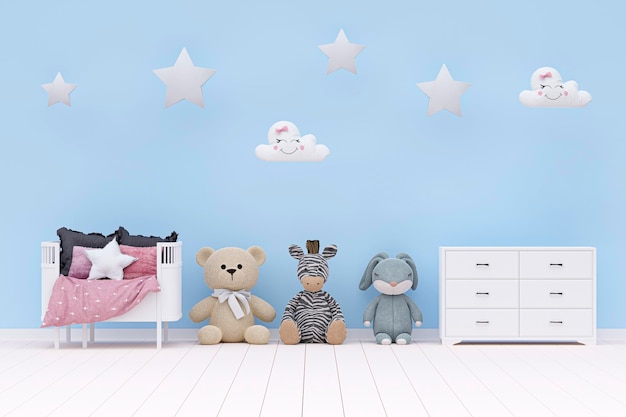 Kids bedroom with stuffed toy animals and wall decoration 3d rendered illustration