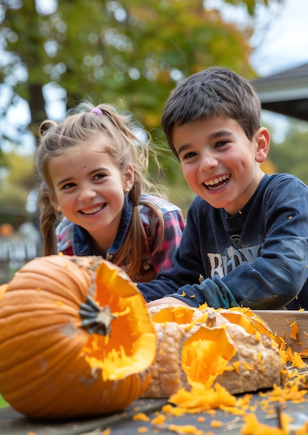 Photo kids carving pumpkins with big smiles as they scoop out the gooey insides halloween frame