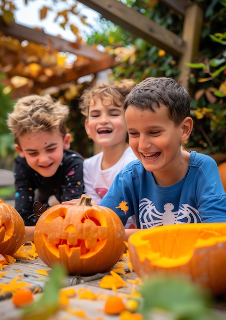 Photo kids carving pumpkins with big smiles as they scoop out the gooey insides halloween frame