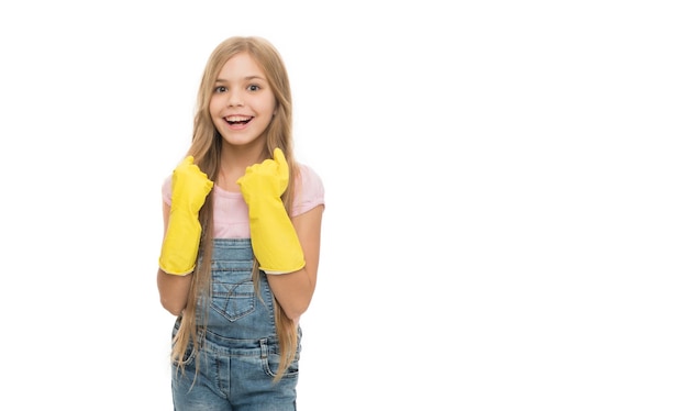 Kids cleaning together Girls with yellow rubber protective gloves ready for cleaning Household duties Little helper Girls cute kids love cleaning around Keep it clean Protect sensitive skin