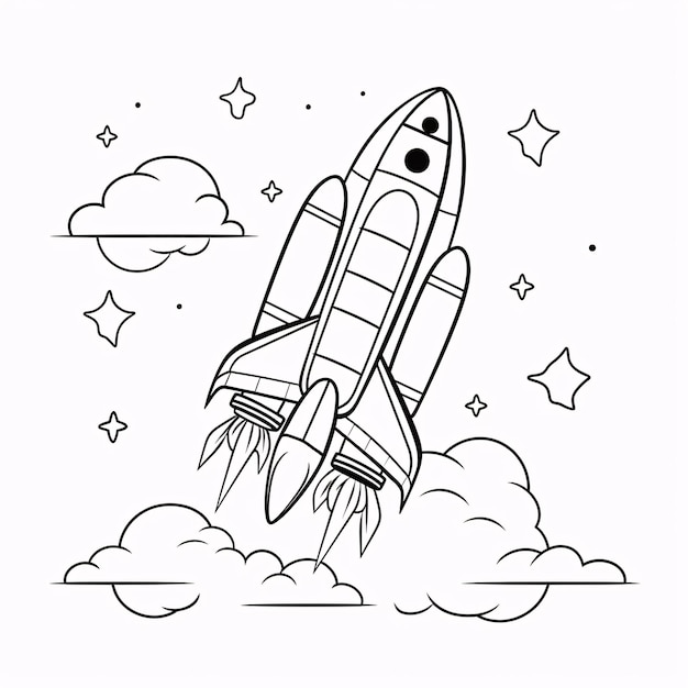 Kids coloring book cute rocket ship space ship on space black and white simple line art