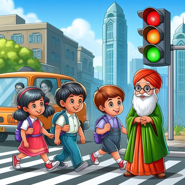 Kids cross the road in the Traffic signal Cartoon illustration for school story book ai images