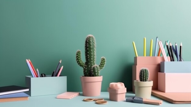 Kids desk creative workspace with school supplies cactus Illustration AI Generative