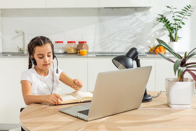 Kids distance learning. Cute little girl using laptop at home. Education, online study, home studying, technology, science, future, distance learning, homework, schoolgirl children lifestyle concept.