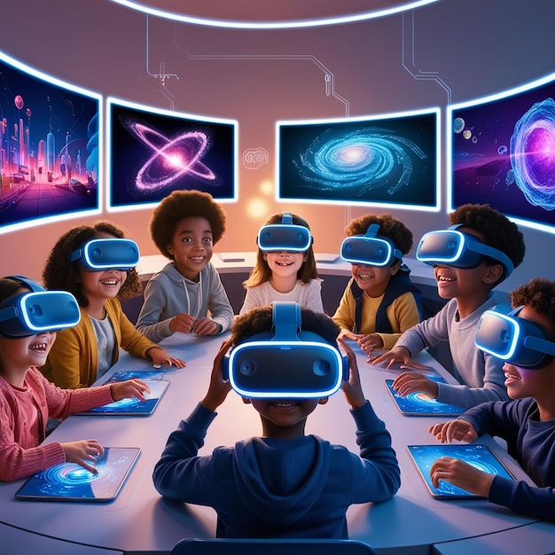 Photo kids dive into virtual worlds exploring science tech with vr headsets