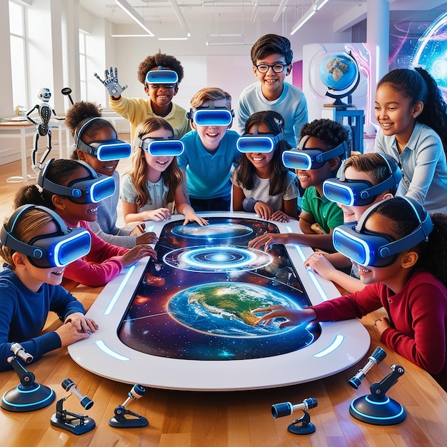 Photo kids dive into virtual worlds exploring science tech with vr headsets