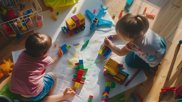 Kids drawing on floor on paper Preschool boy and girl play on floor with educational Generative AI