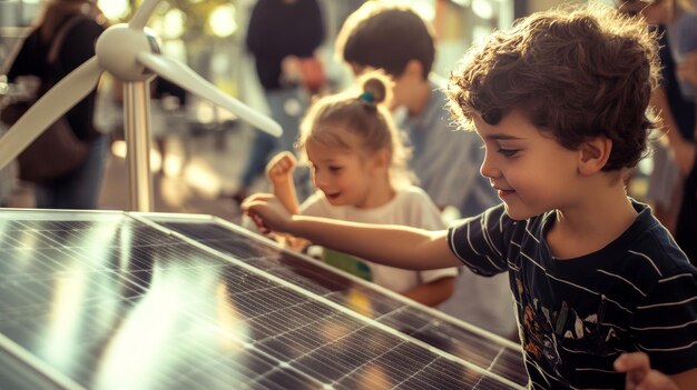 Photo kids engaged with renewable energy technologies ai generated