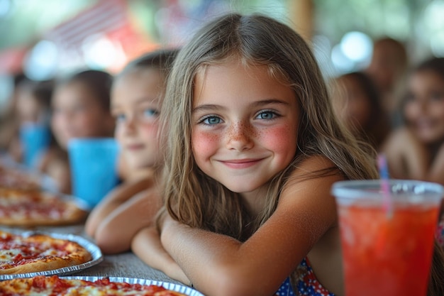 Photo kids enjoying an outdoor pizza party with patriotic decorations and colorful drinks for summer fun