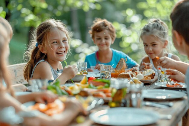 Photo kids enjoying outdoor summer camp meal together