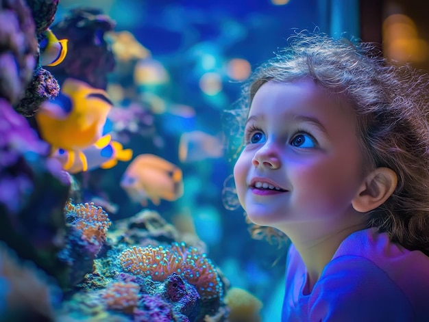 Photo kids exploring aquarium with wide eyes