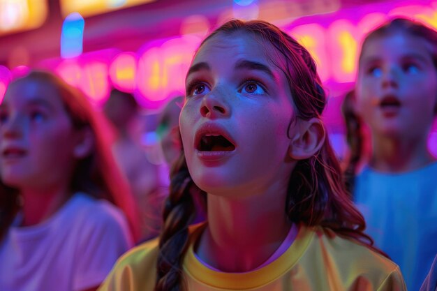 Photo kids expressing their thoughts after an exciting show in a colorful arcade