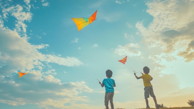 Photo kids flying colorful kites on a windy day