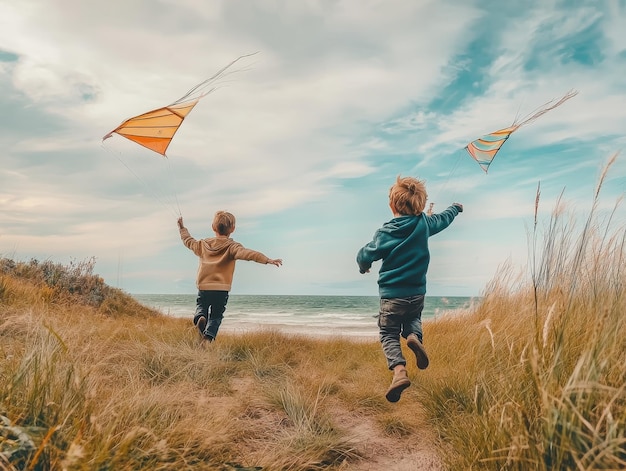 Photo kids flying kites on windy day