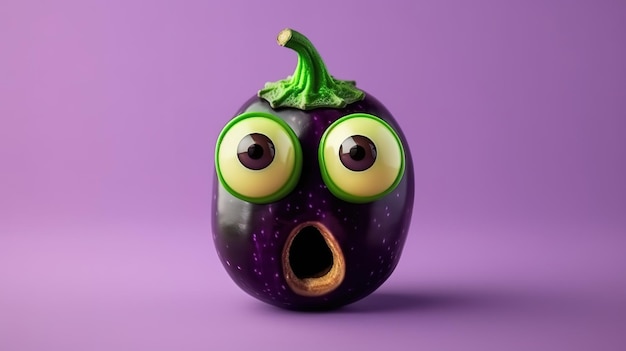 Kids food concept Eggplant with eyes on a colored green background Generative Ai