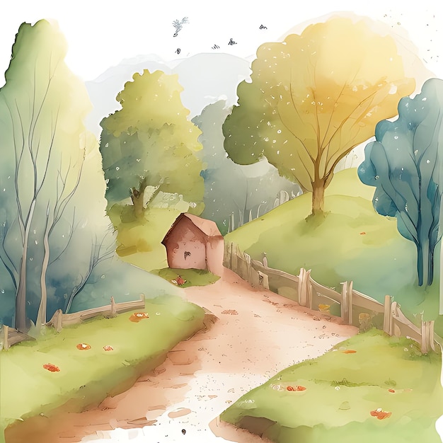 Kids Going to School on the way of Village Stream on Side with Path Story Book Style Illustration