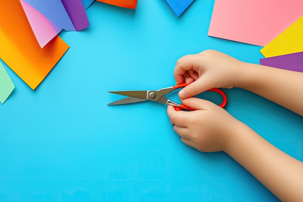 Photo kids hands cutting colored paper with scissors