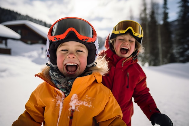 Kids have winter fun sport activities in snowy mountains