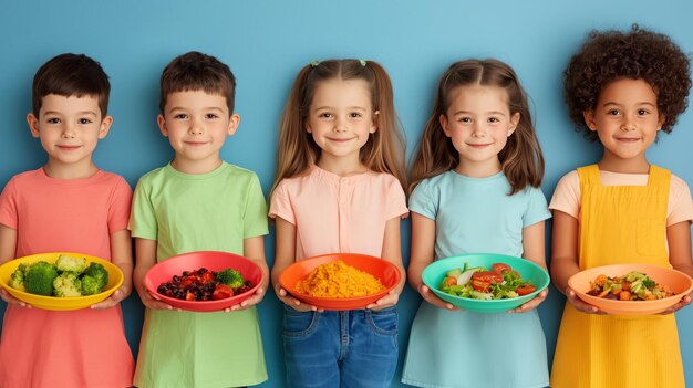 Photo kids holding healthy meals colorful salad broccoli rice beans vegetables fruit