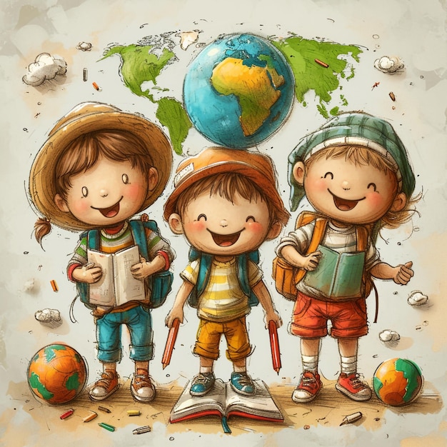 Photo kids illustration of funny smart kids with book pen globe pencil brush space