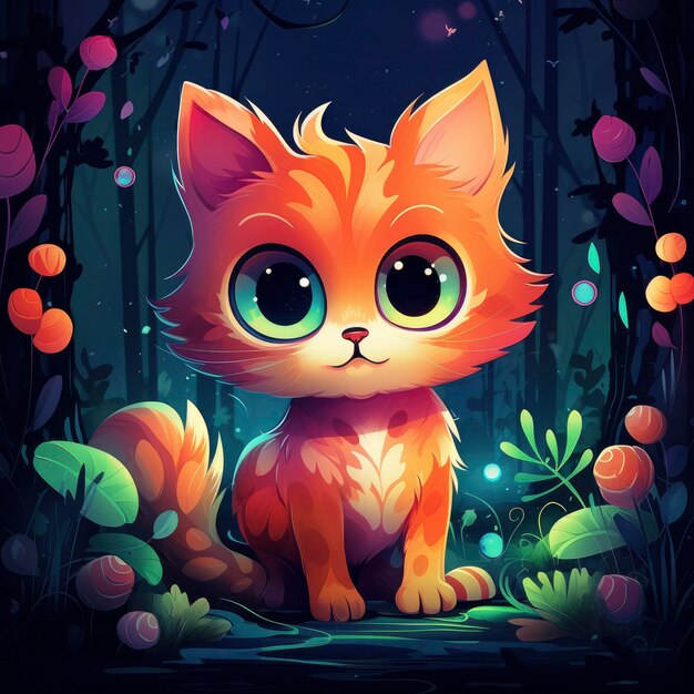 Kids Illustration Vivid Color Cute Cat in Forest